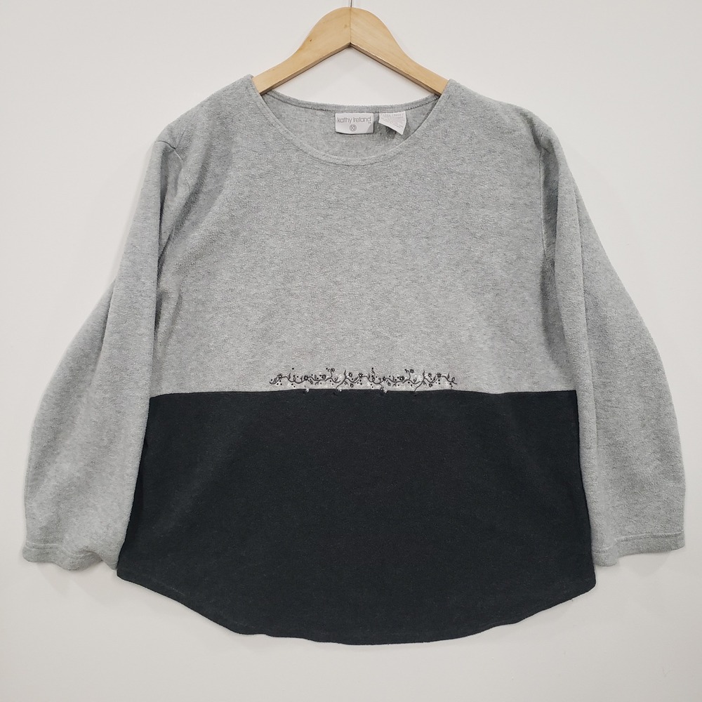 Kathy Ireland Fleece Top Womens XL Colorblock Floral Embroidered Long Sleeve